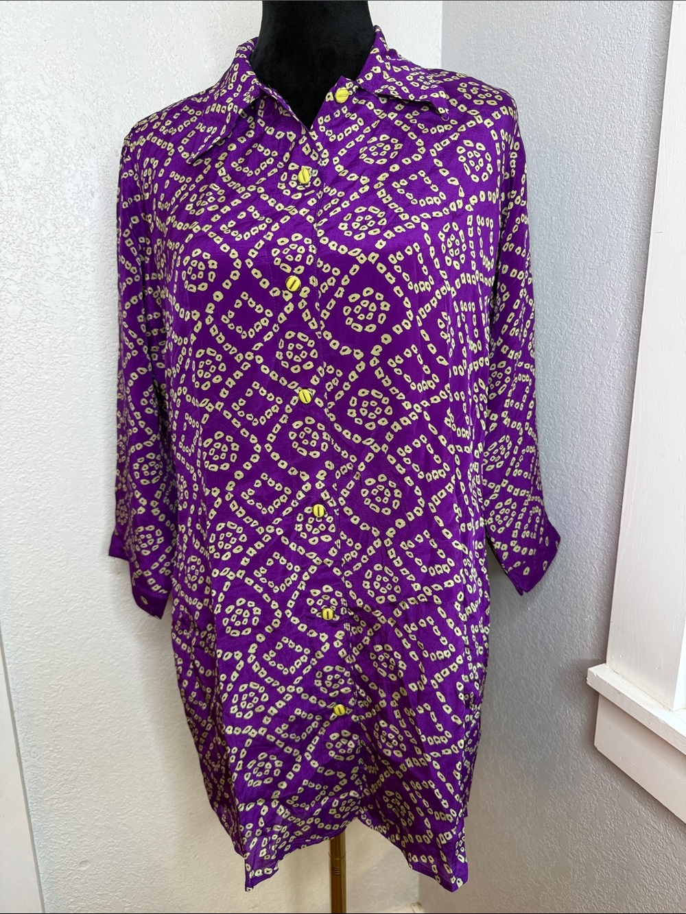 Purple Bandhani Inspired yellow Button Front Tunic Blouse Boho Artsy Resortwear
